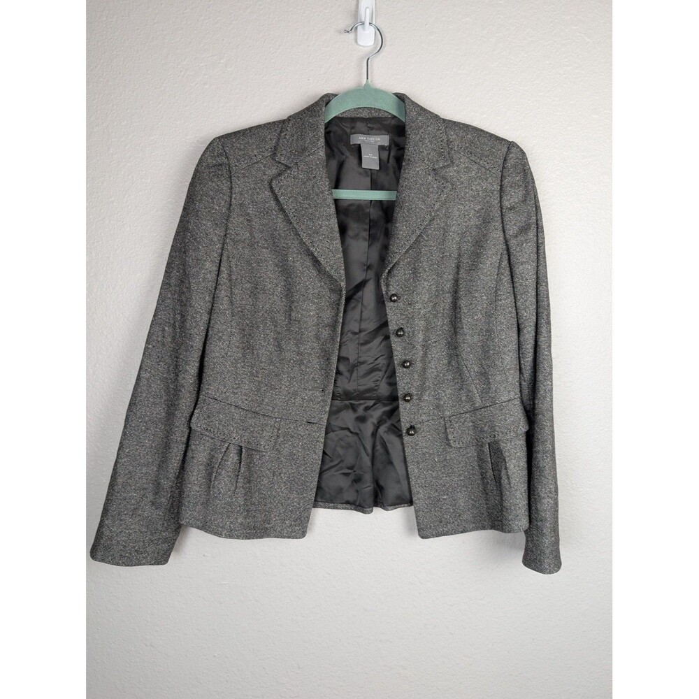 Ann Taylor Blazer Womens 4 Gray Wool Blend Tweed Button Up‎ Peplum Lined Jacket